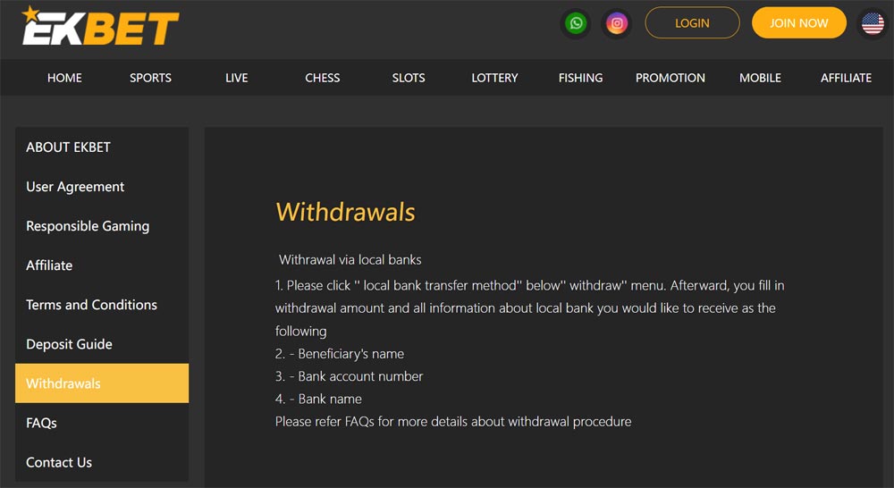 Informative image detailing the withdrawal rules at Ekbet, including step-by-step instructions
