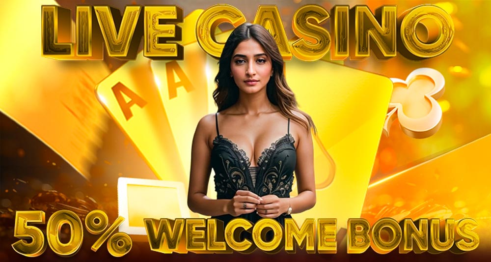 Vibrant promotional banner for a 50% Welcome Bonus at Ekbet’s Live Casino, featuring casino imagery like roulette and cards.