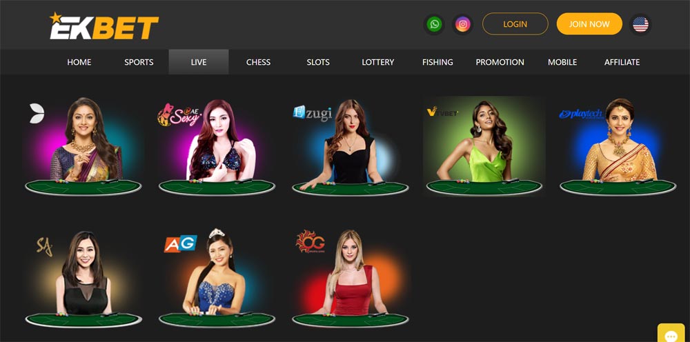 Screenshot of the live casino section on Ekbet casino website